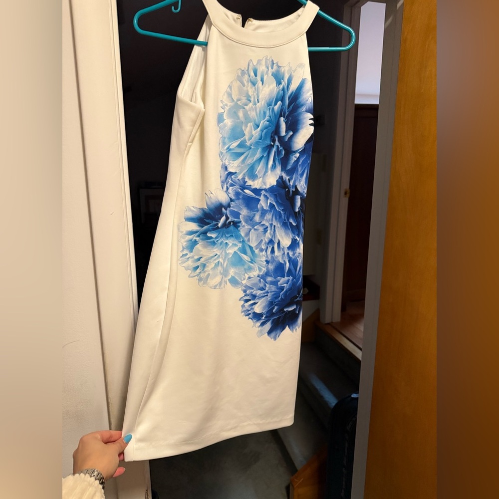 White Dress with Blue Floral Design